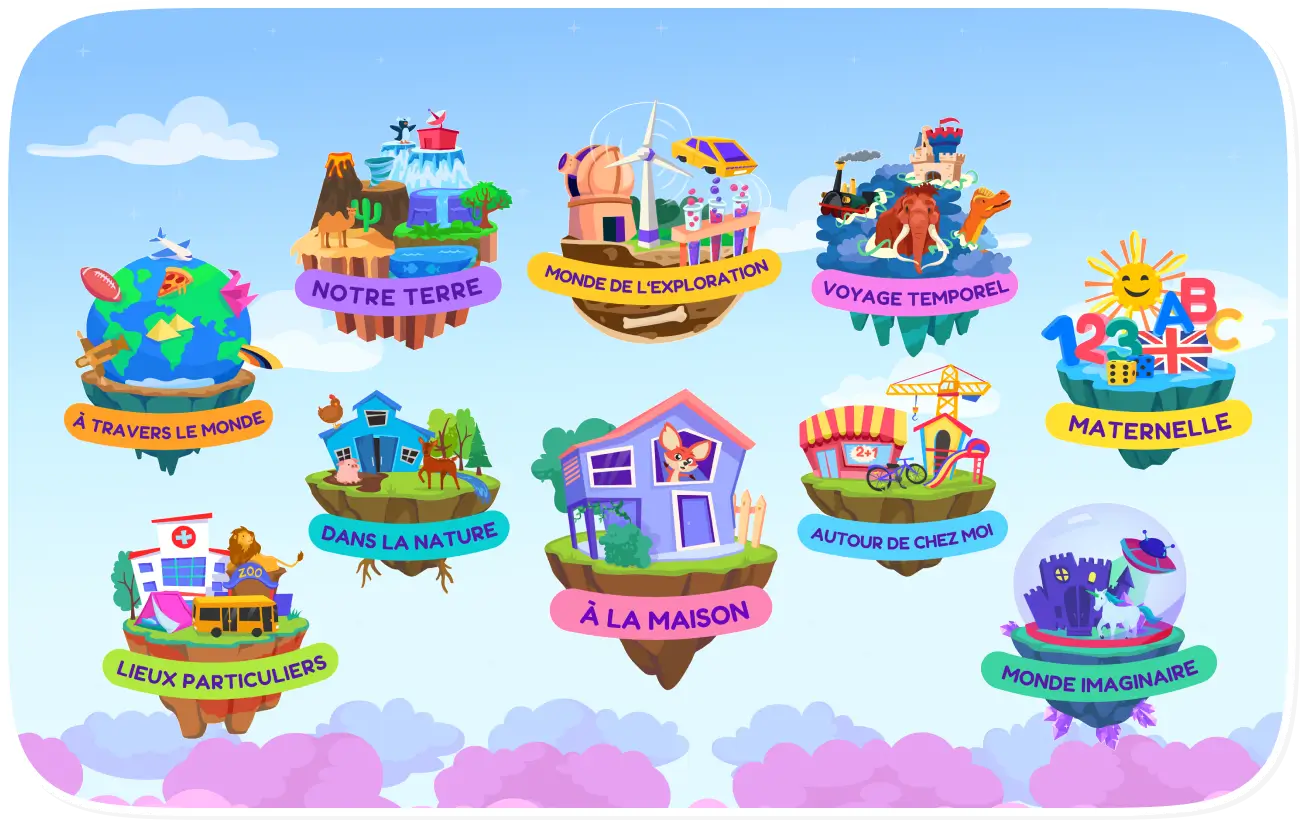 Différents univers illustrés à thèmes volent dans les airs.