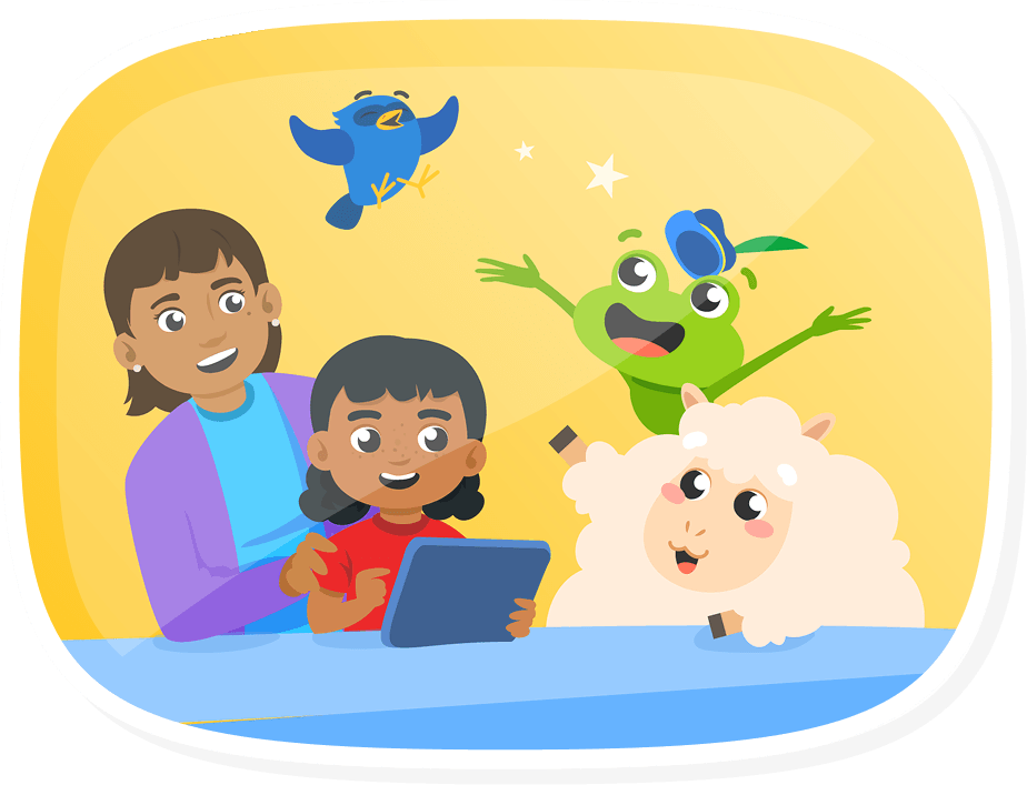 Een moeder en haar dochter lachen samen met verschillende sofatutor KIDS-figuren.